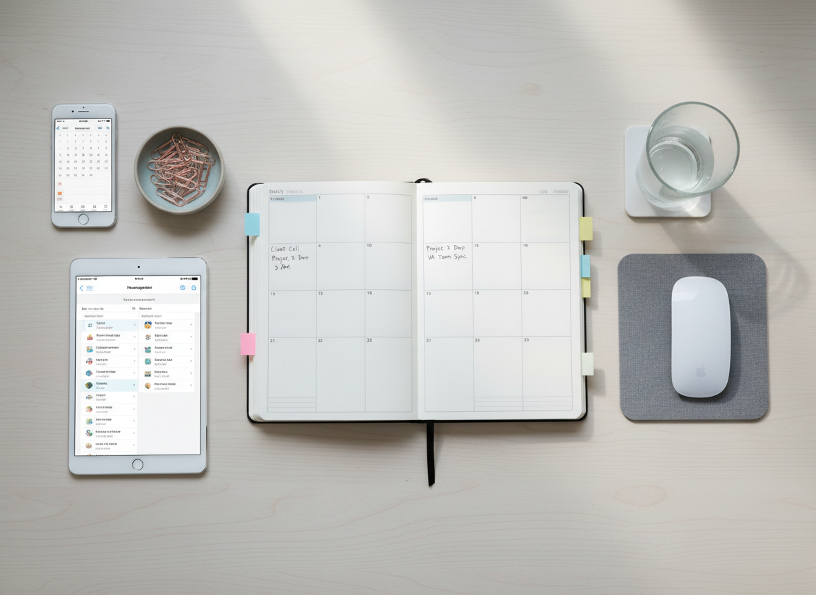 An overhead, photographic view of a carefully arranged productivity flat lay on a pale wooden desk, featuring an open planner with neatly written appointments, color-coded sticky tabs, a smartphone showing a calendar app, a slim tablet displaying a project management board, and neatly aligned paperclips in a small ceramic dish. A soft grey fabric mouse pad and wireless mouse frame one side, while a simple glass of water adds a touch of clarity and refreshment. Diffused natural light from above creates even illumination and soft, realistic shadows, giving everything a crisp yet inviting appearance. The mood is organised, reassuring, and supportive, with a clean, modern aesthetic that communicates structure and behind-the-scenes efficiency for virtual assistant services.