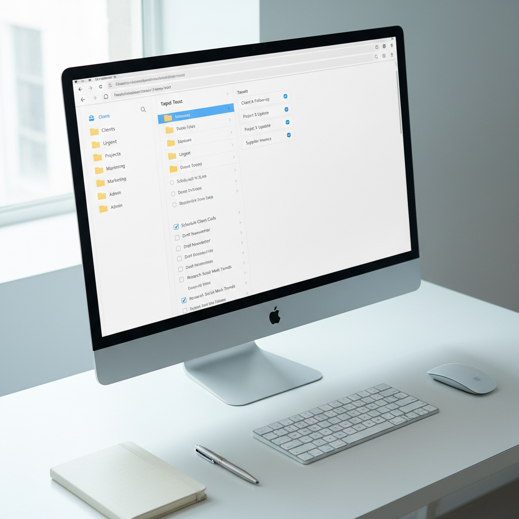 A close-up, photographic image of a clean, organized digital workspace displayed on a large, ultra-thin monitor showing a well-structured email inbox with clearly labeled folders, unread messages neatly minimized, and a visible task list aligned on the side. The monitor stands on a white, minimalist desk beside a closed notebook, a smooth metal pen, and a wireless keyboard. Soft, cool daylight from a nearby window illuminates the scene, creating subtle reflections on the monitor’s edge and light shadows under the keyboard. Captured from a slightly angled perspective, the composition follows the rule of thirds, emphasizing order and clarity. The mood is efficient, calm, and highly professional, perfectly reflecting dependable virtual assistant support for busy small business owners.