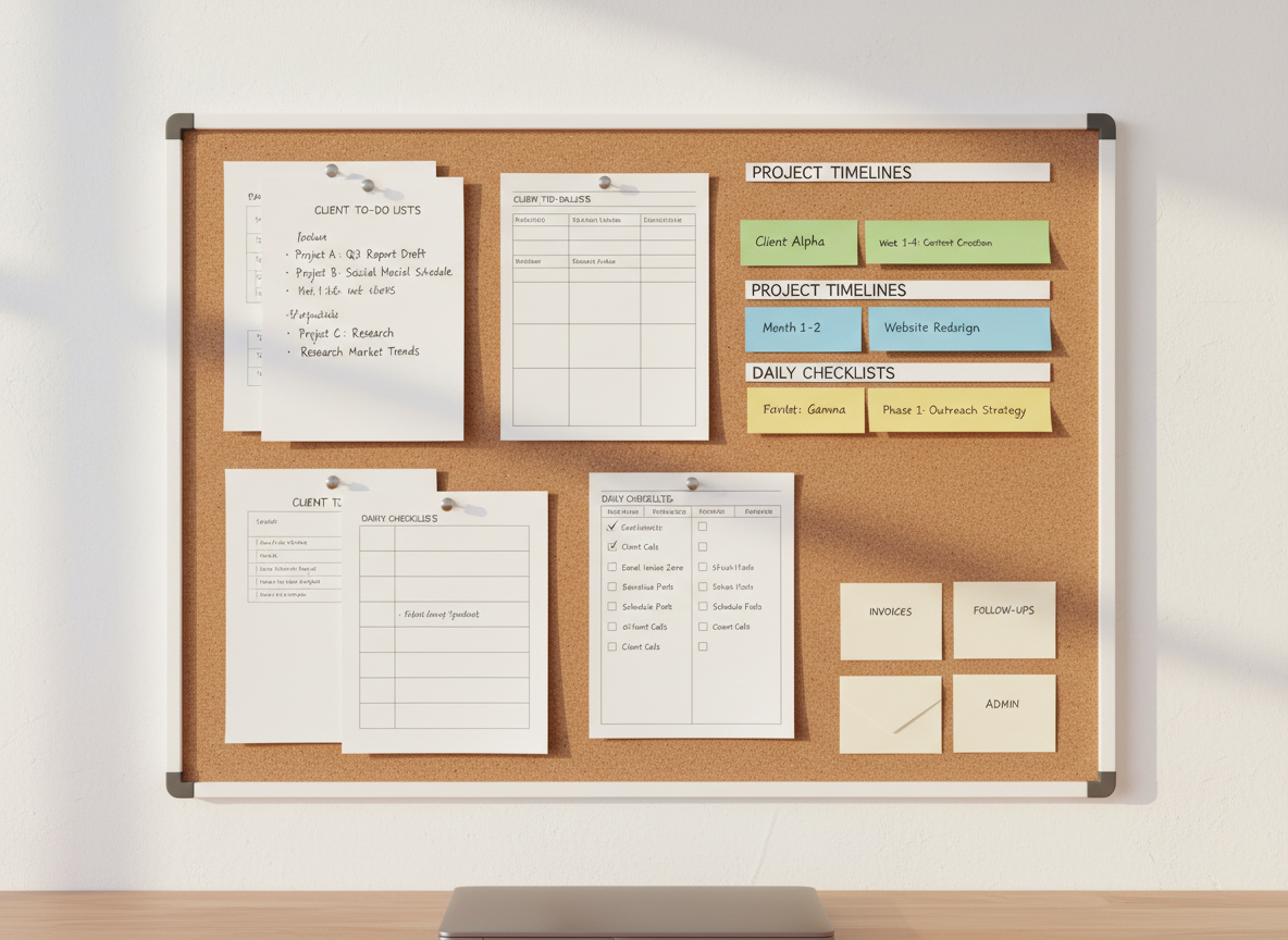 A tidy corkboard wall setup representing remote business support, with neatly pinned client to-do lists, color-coded timelines, printed checklists, and small labeled envelopes for ‘invoices’, ‘follow-ups’, and ‘admin’. Each paper is carefully aligned, with fine-tip pen notes that are legible but not specific brand names. The cork texture is warm and detailed, framed by a smooth white wall. Soft, warm afternoon light from the left casts gentle shadows from each pinned document, adding depth and realism. Photographic style, shot straight on at eye level, filling the frame with the board while leaving a small blurred edge of a desk at the bottom. The overall atmosphere is calm, trustworthy, and methodical, evoking a professional virtual assistant quietly managing details behind the scenes.